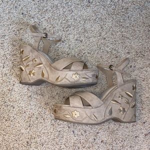 Suede Embroidered Flower MIA Wedge Heels